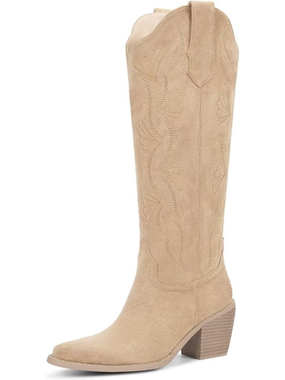 Women's Cream Faux Leather Pull On Embroidered Cowgirl Cowboy Knee High Boot